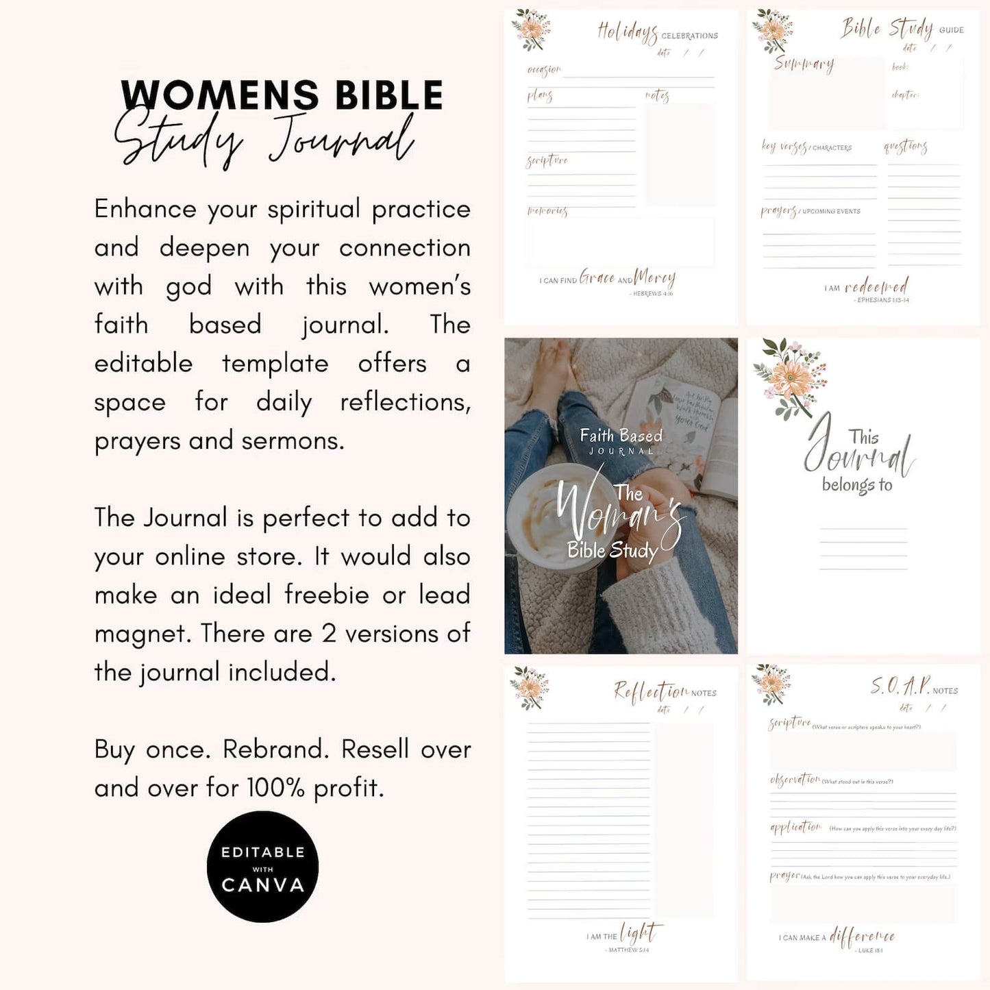 Editable Women's Faith-Based Journal | Devotional Journal & Bible Study Guide | WITH RESELL RIGHTS (2024)