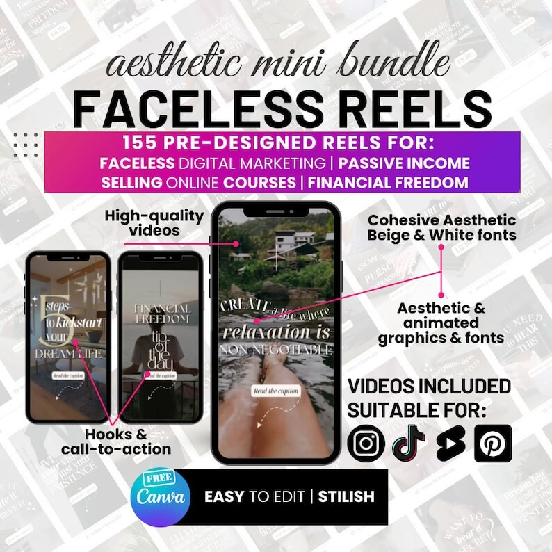 155 Faceless Reels Bundle: Includes Done-For-You Instagram Story & TikTok Video Templates (Great for Passive Income)