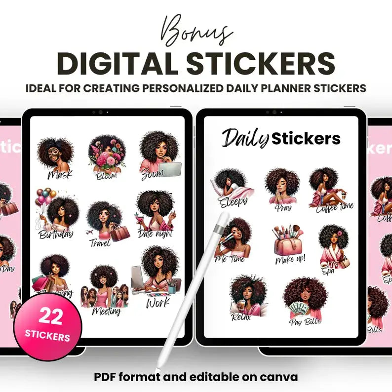 Aesthetic Girl Digital Planner +  22 Beautiful Digital Stickers (with Resell Rights)