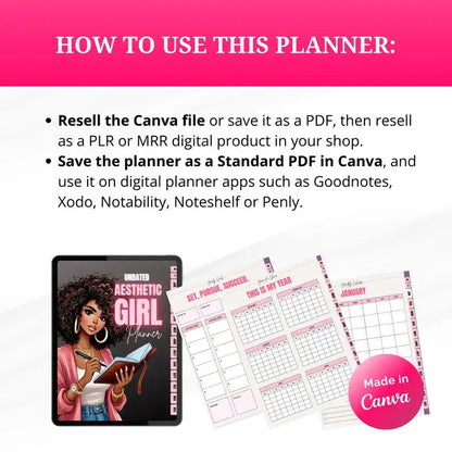 Aesthetic Girl Digital Planner +  22 Beautiful Digital Stickers (with Resell Rights)