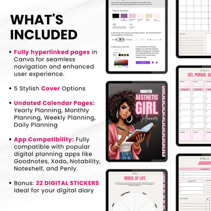 Aesthetic Girl Digital Planner +  22 Beautiful Digital Stickers (with Resell Rights)