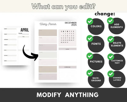2026 Editable Calendar Weekly, Monthly, & Yearly